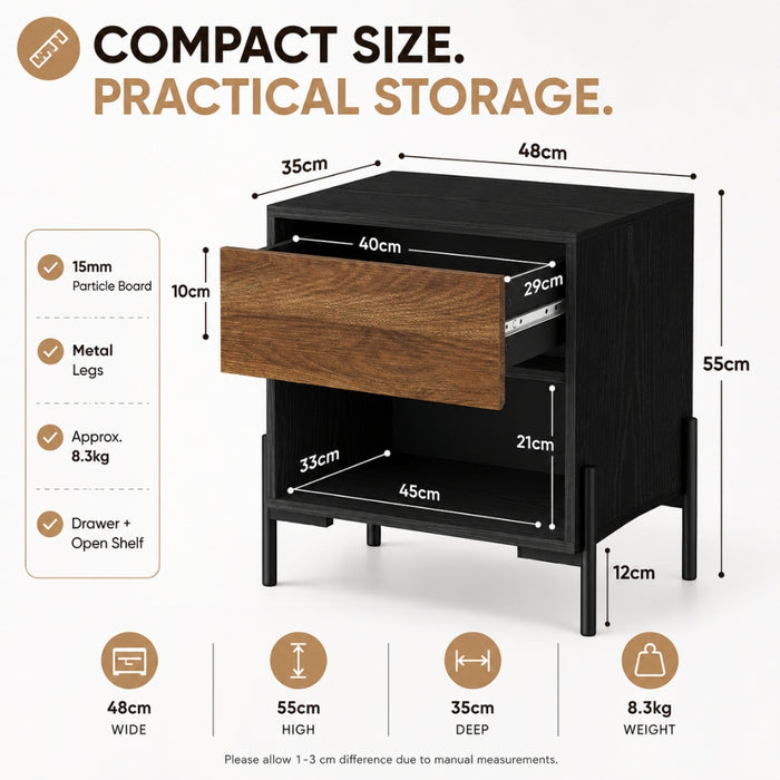 Bedside Table Nightstand with Drawer and Storage - Walnut and Black