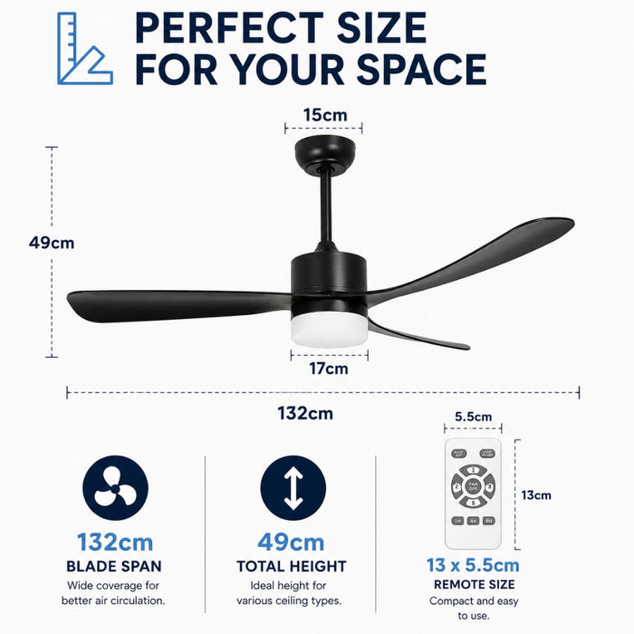 52 Inch 5 Speed Ceiling Fan with LED Light and Remote Control - Black