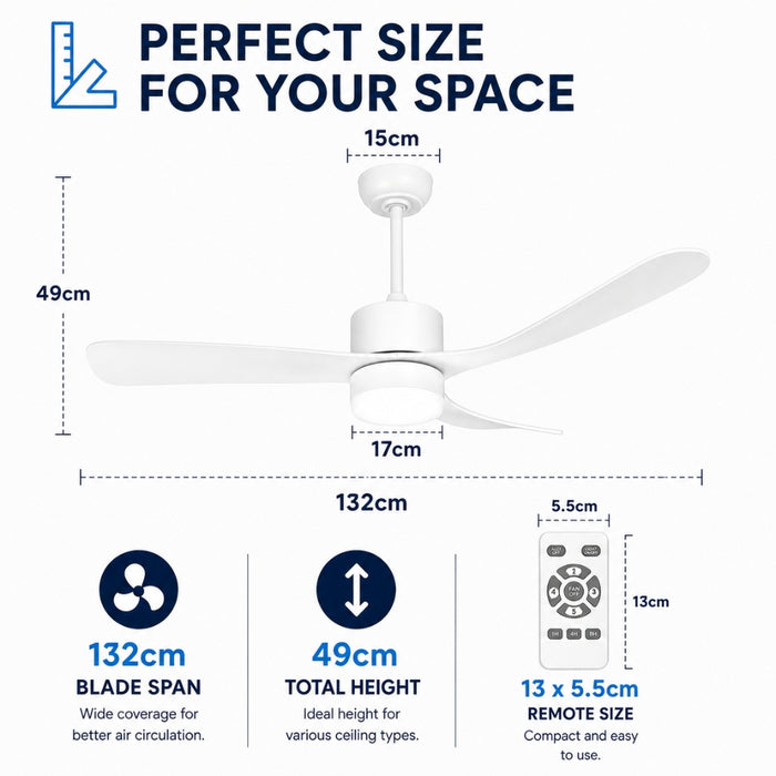 52 Inch 5 Speed Ceiling Fan with LED Light and Remote Control - White