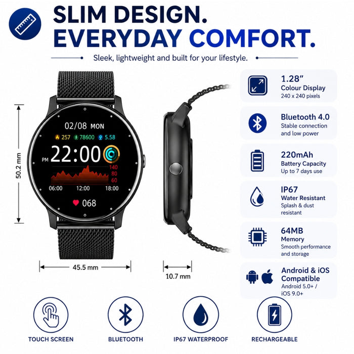 Android and iOS AeroFit Pro Smart Fitness Watch with Stainless Steel Band