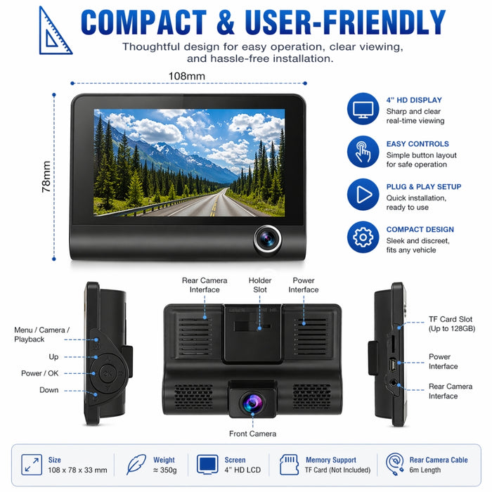 Full HD Front Rear & Interior Three Lens Car Dashboard Camera