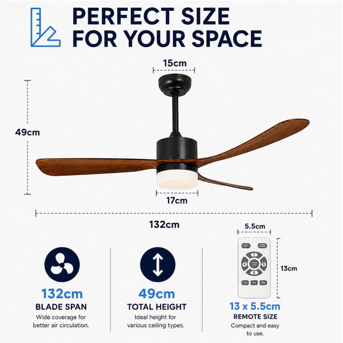 52 Inch 5 Speed Ceiling Fan with LED Light and Remote Control - Walnut