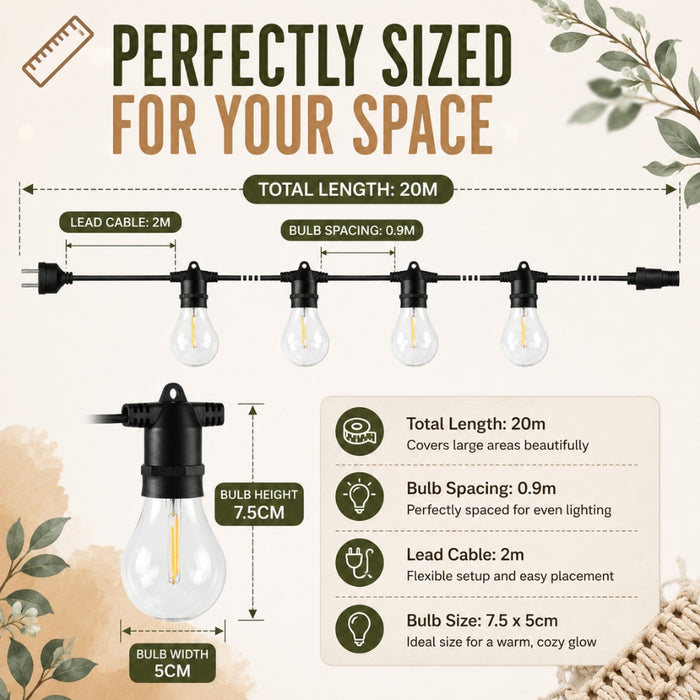 20M Outdoor Solar LED Festoon String Lights