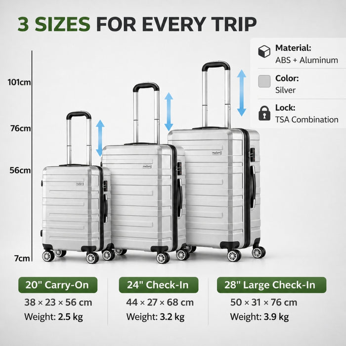 3pcs Hard Case TSA Lock Luggage Set - Silver
