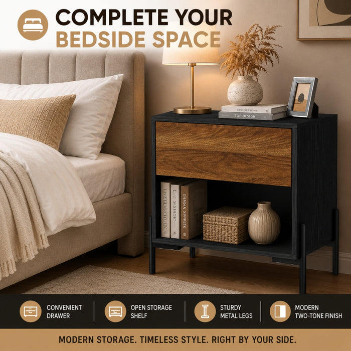 Bedside Table Nightstand with Drawer and Storage - Walnut and Black
