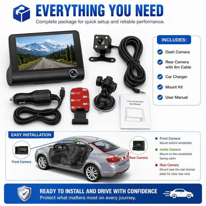 Full HD Front Rear & Interior Three Lens Car Dashboard Camera