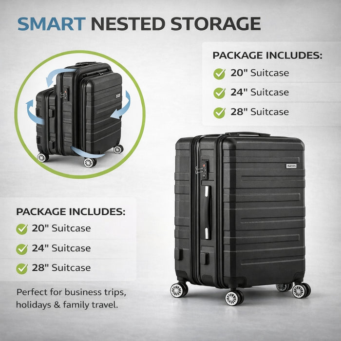 3pcs Hard Case TSA Lock Luggage Set - Black