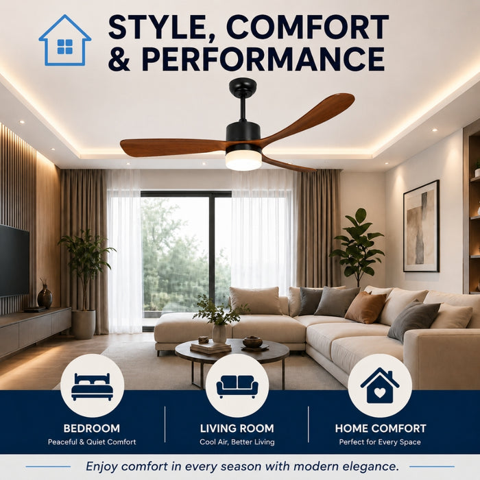 52 Inch 5 Speed Ceiling Fan with LED Light and Remote Control - Walnut
