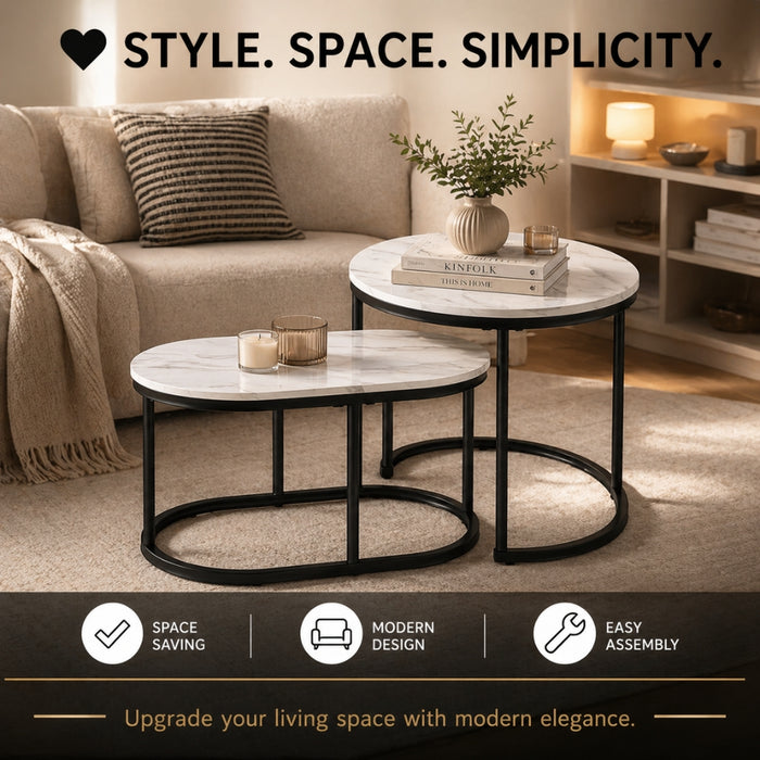 Set of 2 Black White Marble Look Round and Oval Nesting Coffee Tables