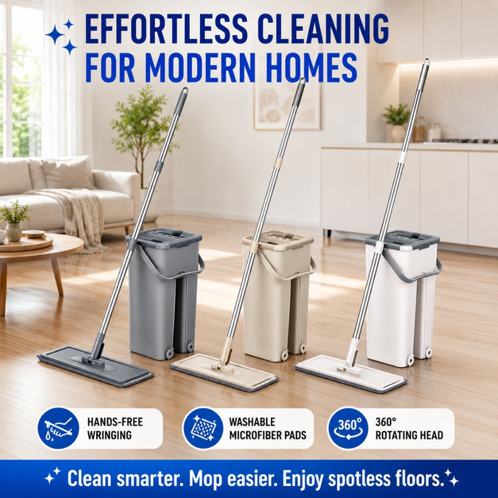 Hands Free Flat Floor Mop and Bucket System with Reusable Microfiber Pads