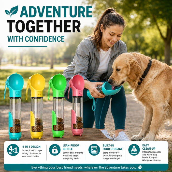 Multifunctional Outdoor Travel Pet Feeder Bottle and Poop Scooper Bag Dispenser