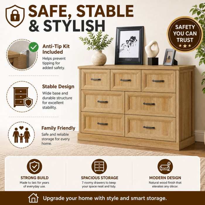 Natural Tallboy Bedside Dresser with 7 Drawers Storage - Natural