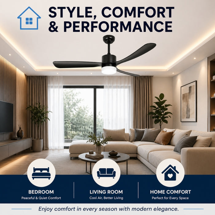 52 Inch 5 Speed Ceiling Fan with LED Light and Remote Control - Black