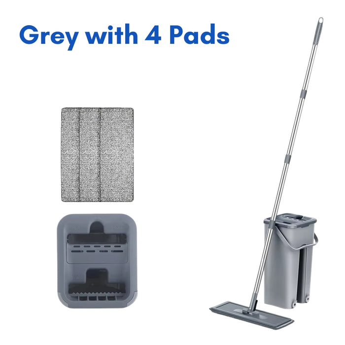Hands Free Flat Floor Mop and Bucket System with Reusable Microfiber Pads