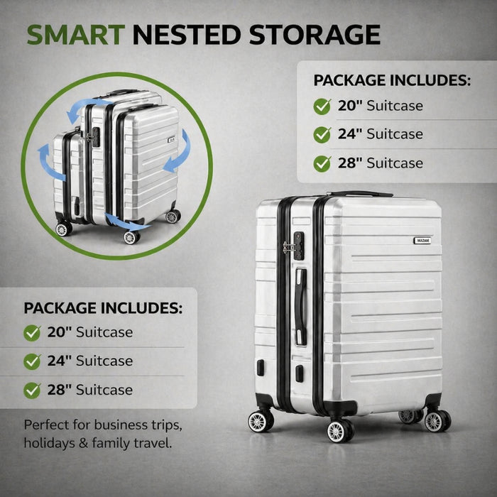 3pcs Hard Case TSA Lock Luggage Set - Silver