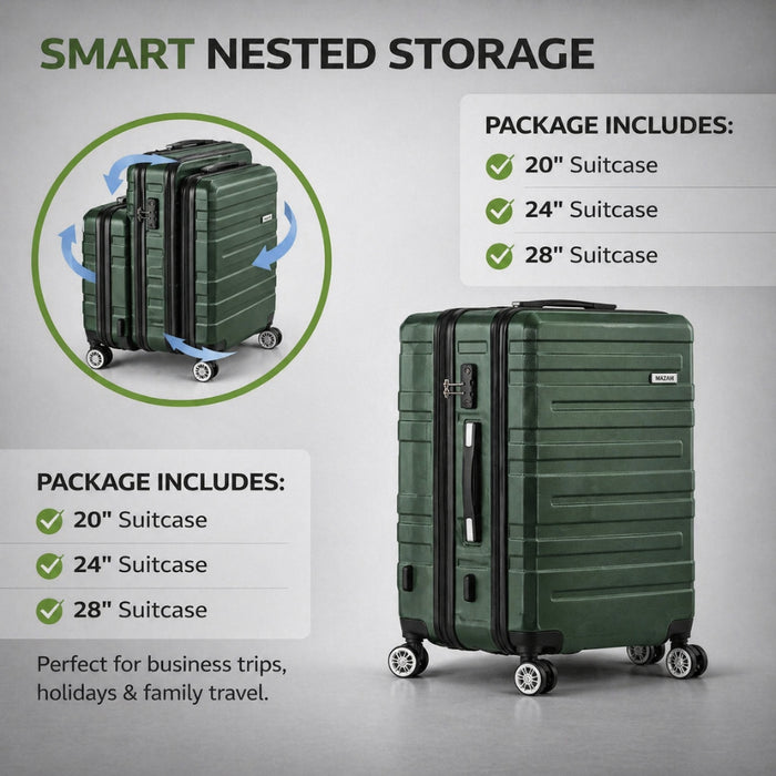 3pcs Hard Case TSA Lock Luggage Set - Green