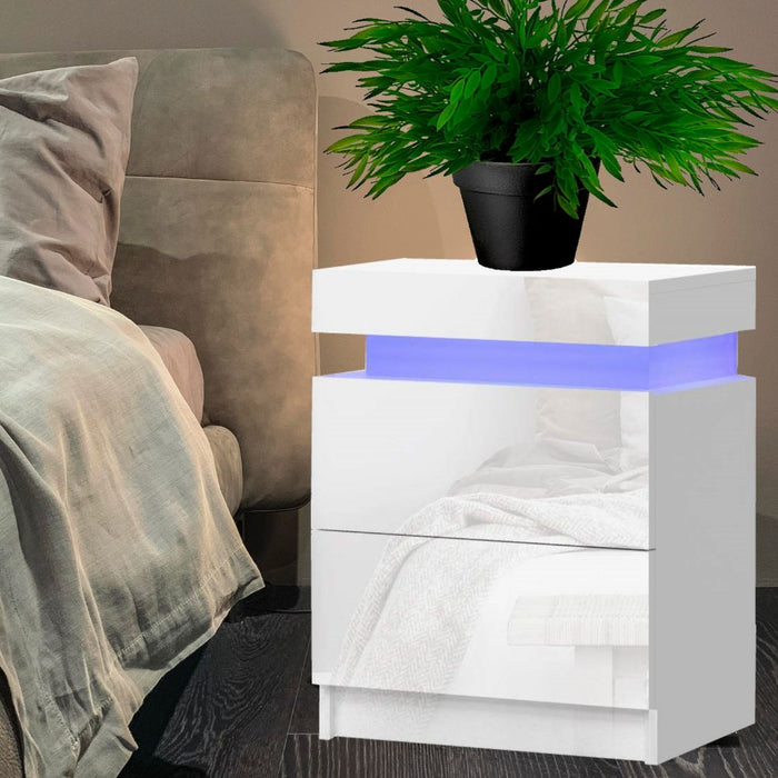 Bedside Tables Side Table Drawers RGB LED High Gloss Nightstand White