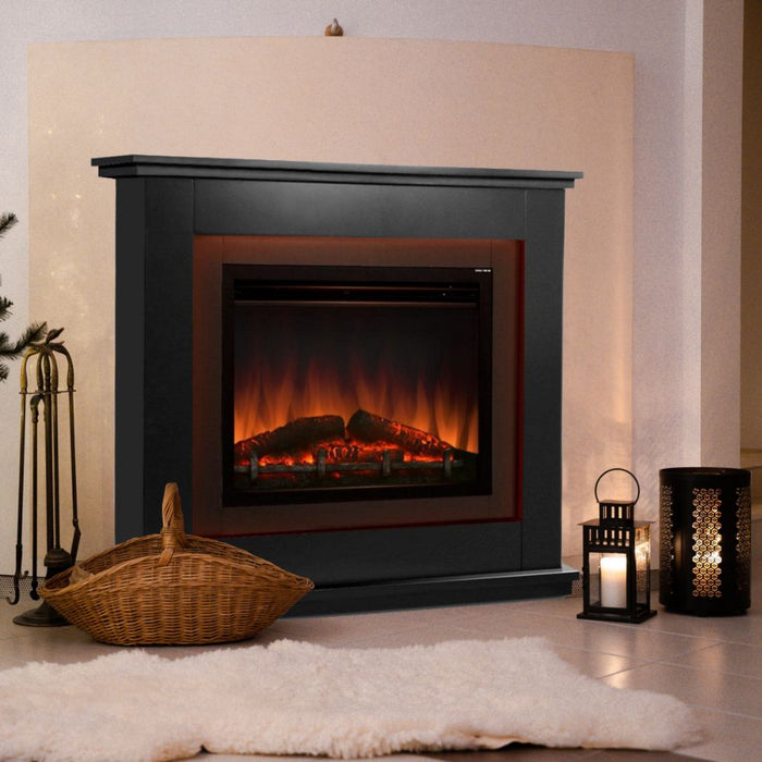 Electric 2000W Log Wood Fire Fireplace Mantle with 3D Flame Effect - Black