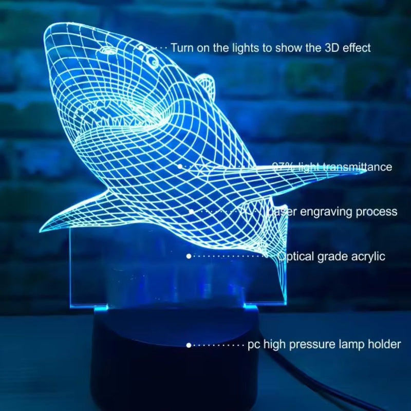 Battery Operated 3D Illusion Shark Lamp Night Light for Kids Room and Decoration