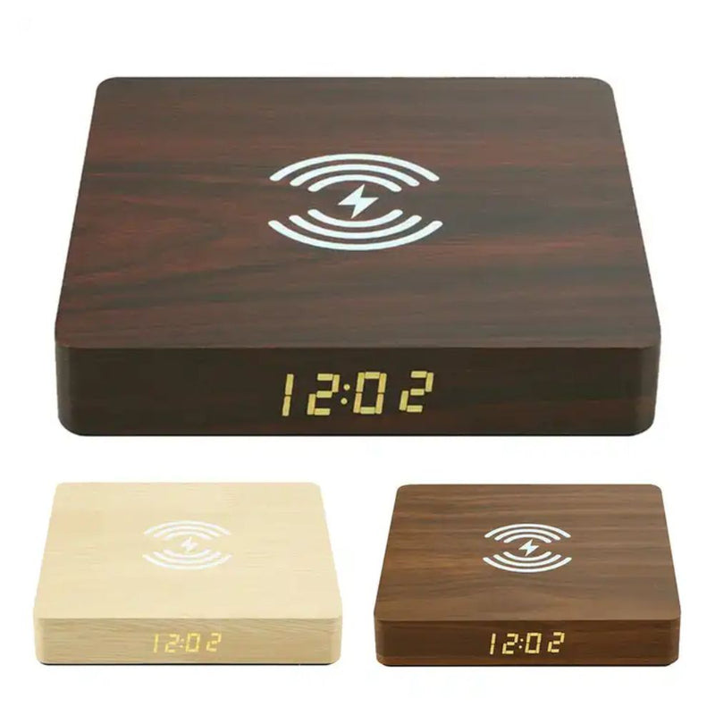 Wireless Wooden QI Charging Pad and Digital Alarm Clock