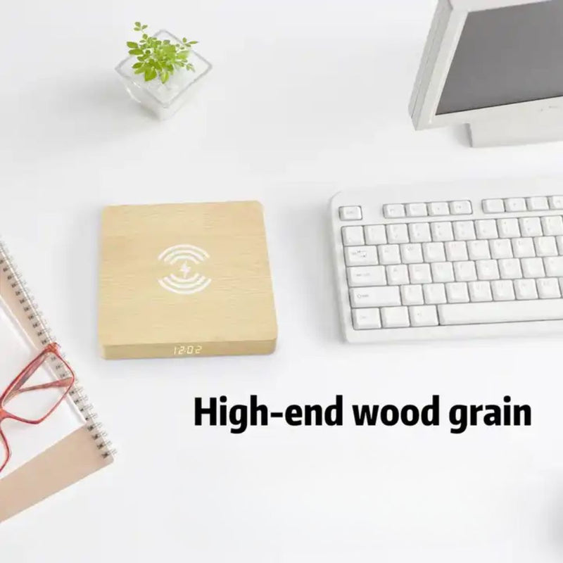 Wireless Wooden QI Charging Pad and Digital Alarm Clock