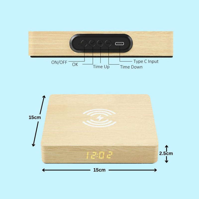 Wireless Wooden QI Charging Pad and Digital Alarm Clock