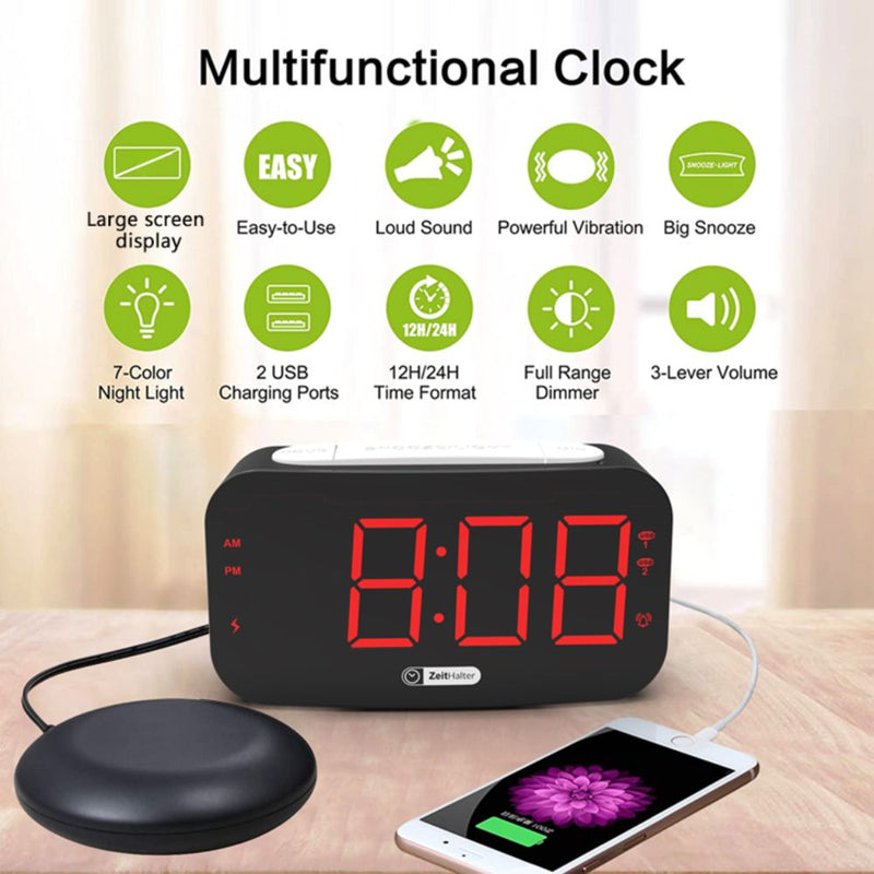 Digital Alarm Clock with Bed Vibrating Function - Type C Powered