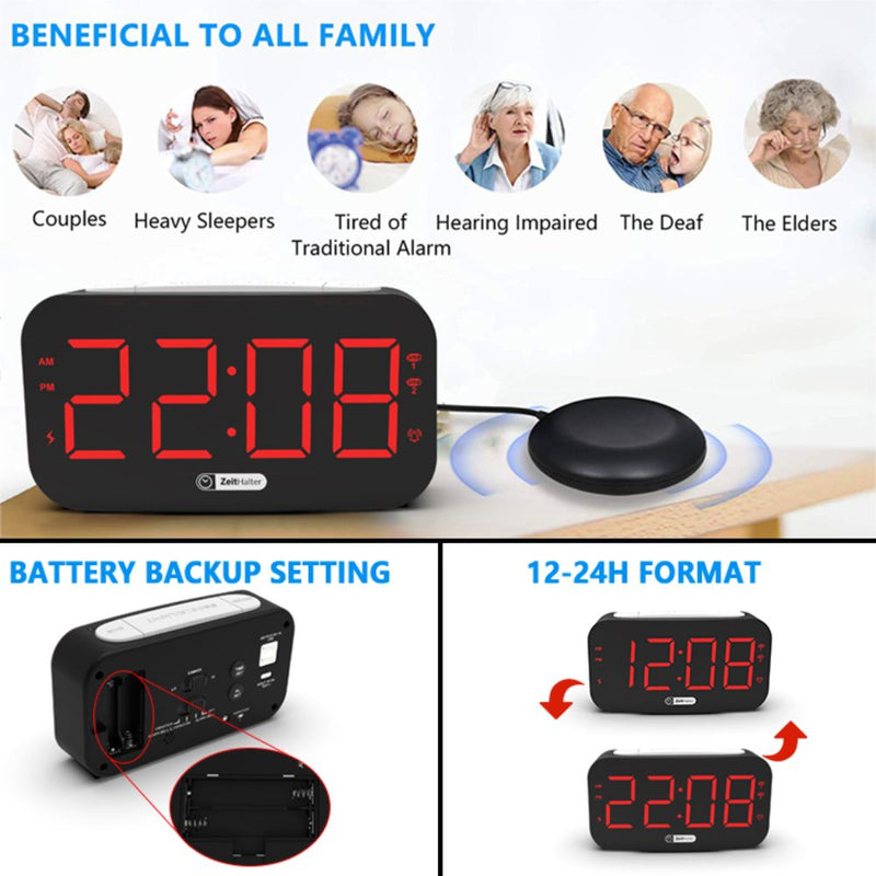 Digital Alarm Clock with Bed Vibrating Function - Type C Powered