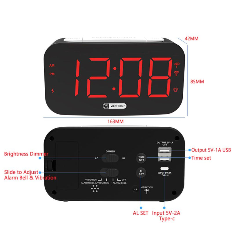 Digital Alarm Clock with Bed Vibrating Function - Type C Powered