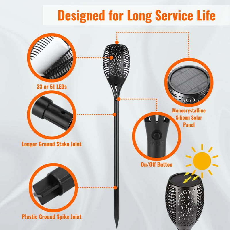 Solar-Powered Water Resistant  Flickering Torch Flame Outdoor Pathway Decorative Light in 33 or 51 LEDs