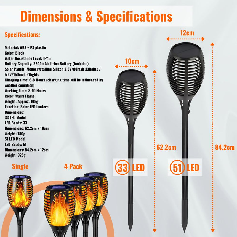 Solar-Powered Water Resistant  Flickering Torch Flame Outdoor Pathway Decorative Light in 33 or 51 LEDs