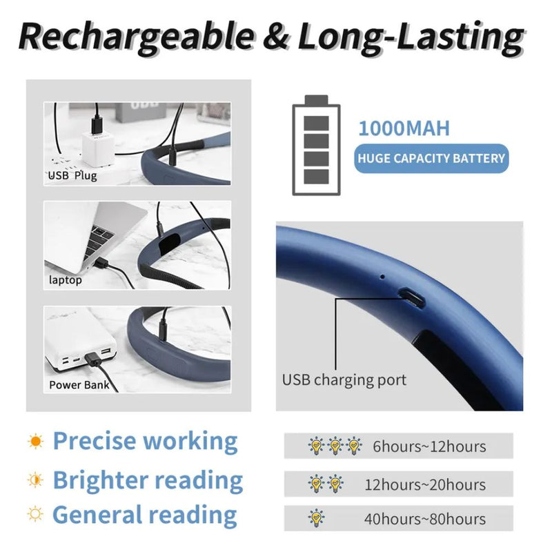 3 Light Mode Neck Hanging Reading Light - USB Rechargeable