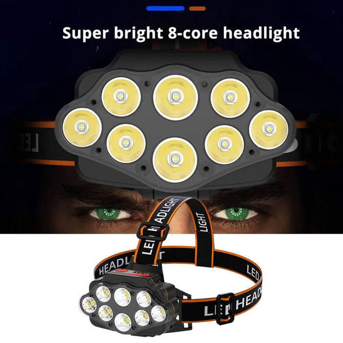 Long Beam 8 LED Head Lamp Camping Torch - USB Rechargeable