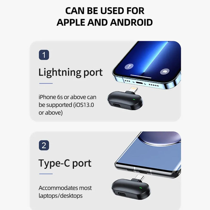 Wireless Lavalier Mobile Phone Receiver and Clip-on Mic - Type C or Apple Lightning Type Interface