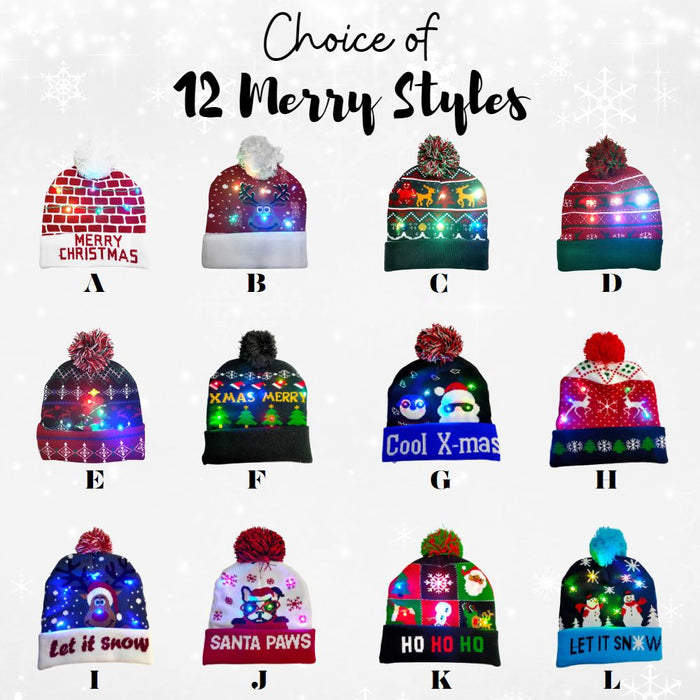 LED Christmas Theme Xmas Beanie Knitted Hat - Battery Operated