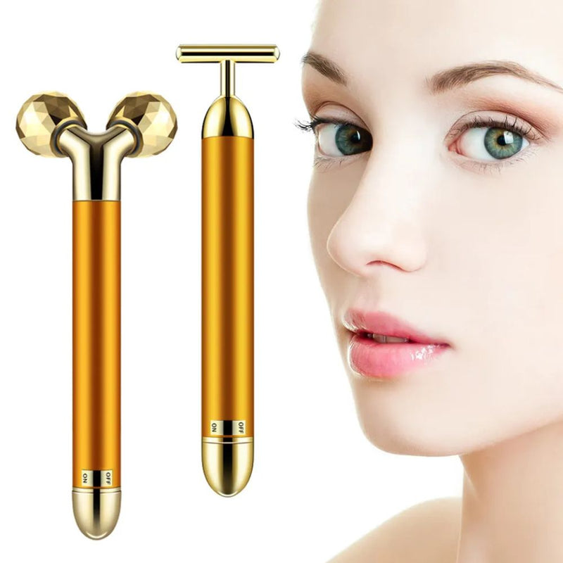 2 in 1 Electric Face Massager 24k Golden Facial Massager - Battery Powered