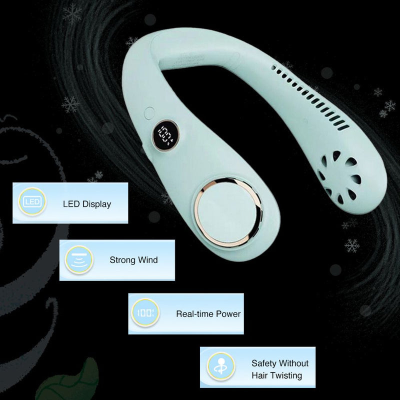 USB Rechargeable Portable Leafless Digital Hanging Neck Fan