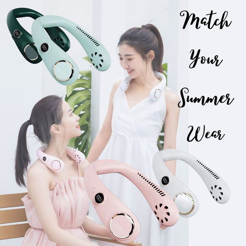 USB Rechargeable Portable Leafless Digital Hanging Neck Fan