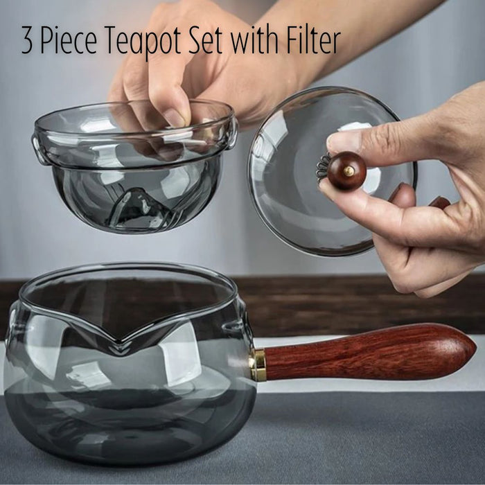 360° Rotation Glass Filter Wooden Handle Teapot