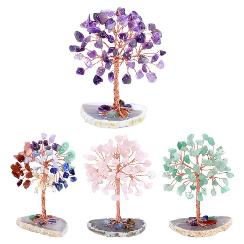 Natural Mini Chakra Crystal Gem Stone Tree on Agate Slice Base