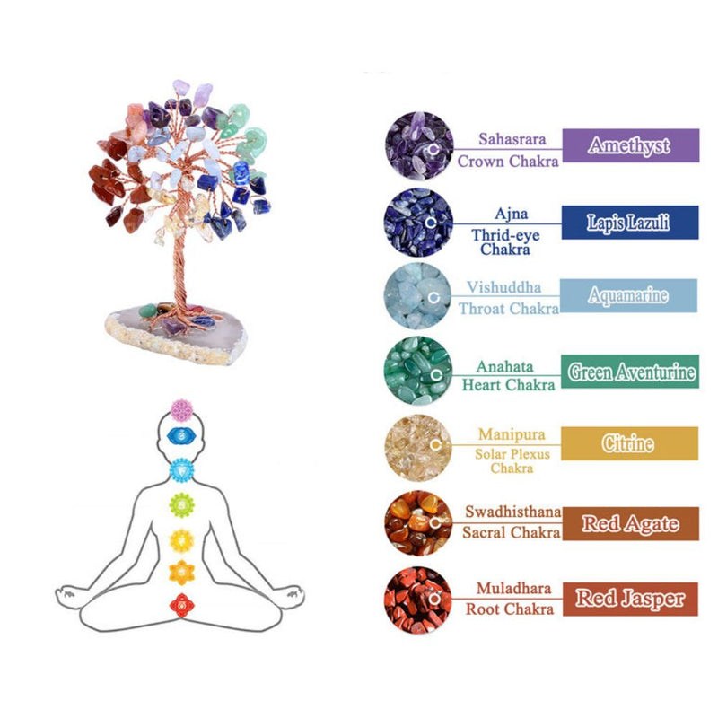 Natural Mini Chakra Crystal Gem Stone Tree on Agate Slice Base