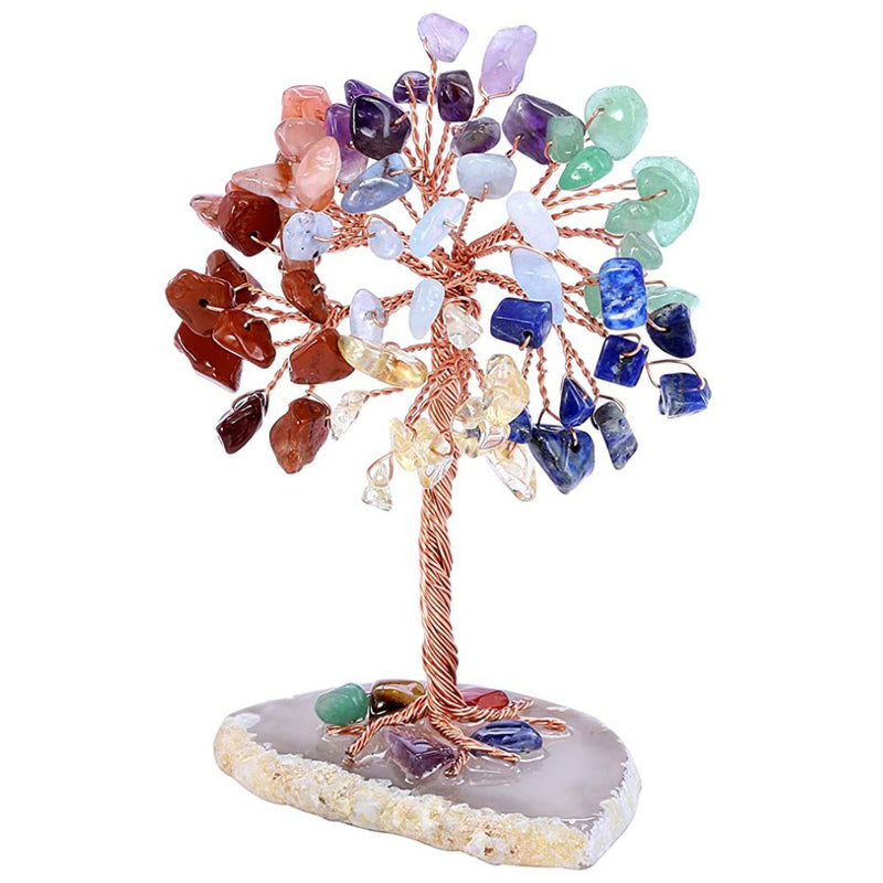 Natural Mini Chakra Crystal Gem Stone Tree on Agate Slice Base