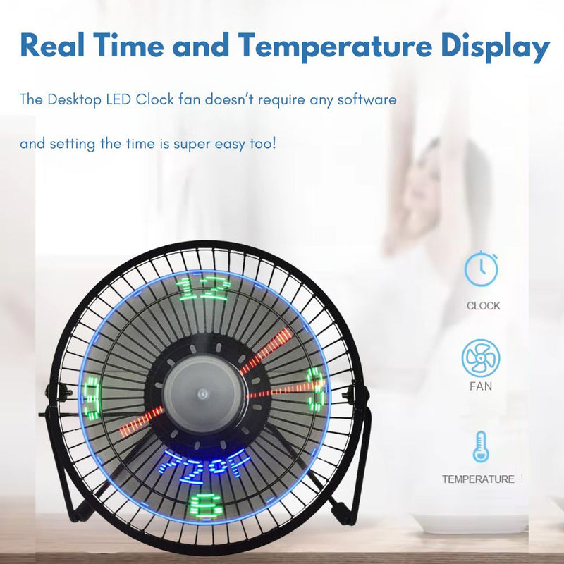 USB Powered Desk Fan with Clock and Temperature Display