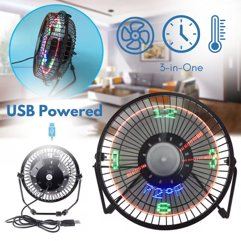 USB Powered Desk Fan with Clock and Temperature Display