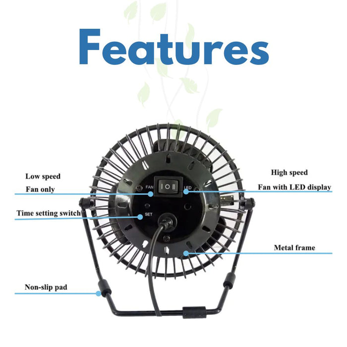 USB Powered Desk Fan with Clock and Temperature Display