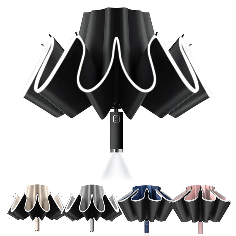 Reverse Folding UV Umbrella with LED Flashlight - Battery Powered