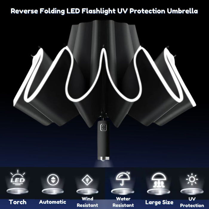 Reverse Folding UV Umbrella with LED Flashlight - Battery Powered