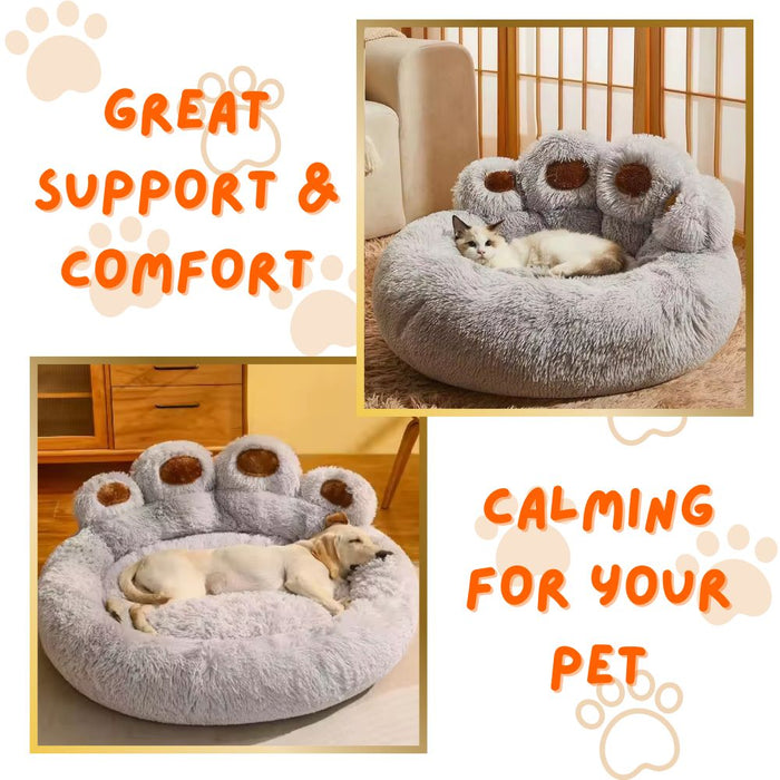 Round and Calming Non-Slip Paw Print Shaped Washable Pet Bed