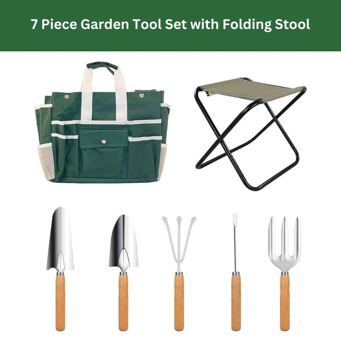 7 Piece Garden Tool Set with Folding Stool