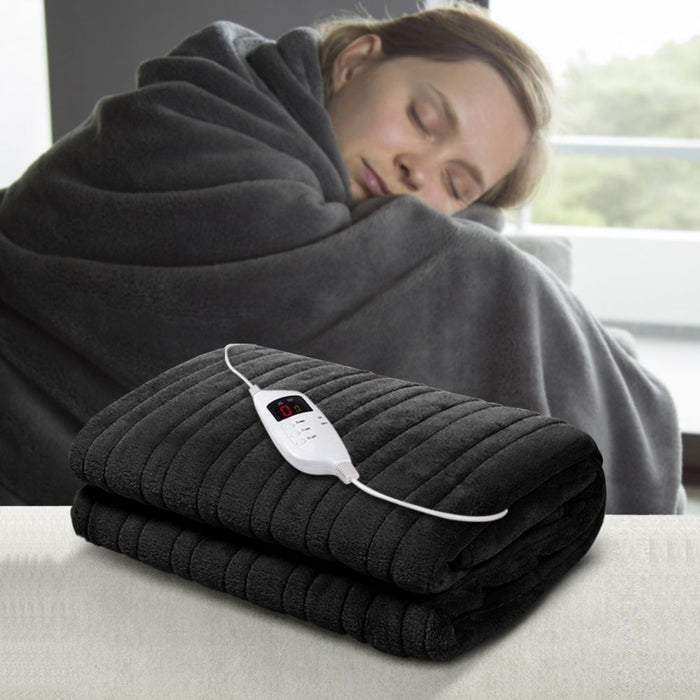 Heated Electric Fleece Throw Blanket Rug - Charcoal